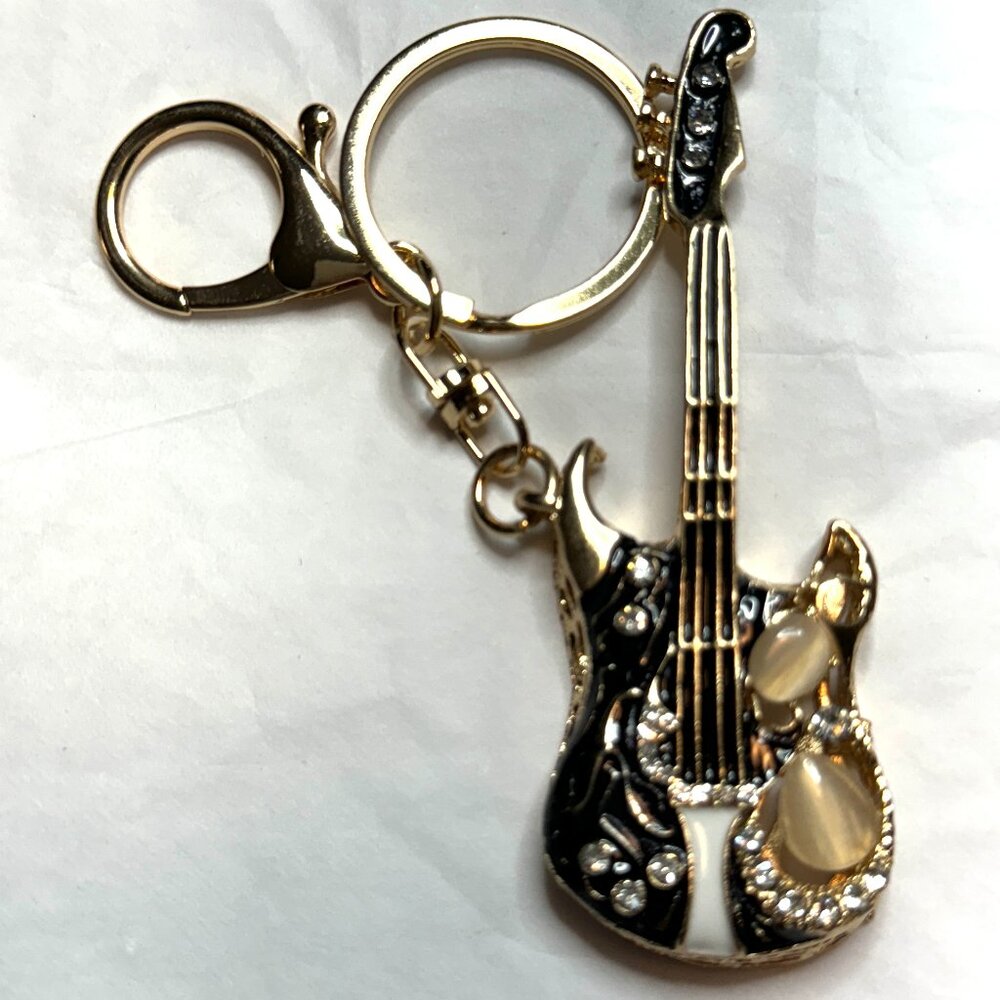 Guitar keychain, Stratocaster style, black enamel, crystals, almost 4" long NWOT